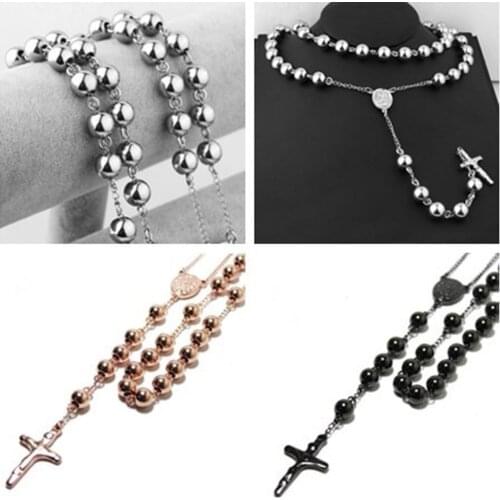Fashion Religious 4/6/8/10mm Rosary Beads Cross Pendant Necklace 316L Stainless Steel Jewelry Men Womens Jewellery Gift