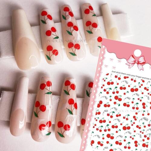 Cherry Nails Sticker Fruit Nail Art 3D Transfer Decals Acrylic Designs Self Adhesive Manicure Slider Wraps Decoration
