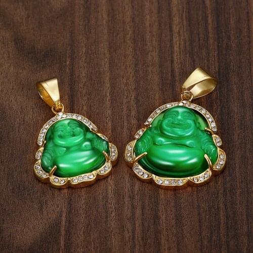 Stainless Steel Buddha Necklace Colorful Cat Eye Tiger Stone Pendulum Amulet Maitreya Buddha Pendant Necklace Healing Jewelry