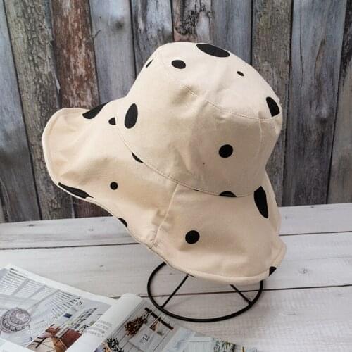 Cotton Sun Bucket Hat for Women Japanese Style Large Brim Chinstrap Reversible Cute Dot Fashion Fisherman Summer Sunhat