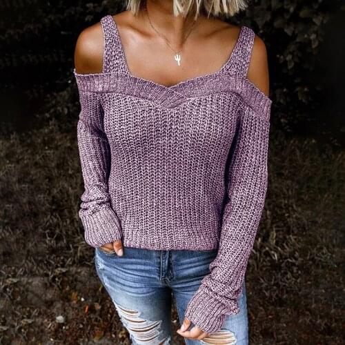 Hot Style Womens Fall Sexy Strap Off Shoulder Knitwear Pure Color Casual Long Sleeve Sweater T- Shirt Dropshipping Fulfillment