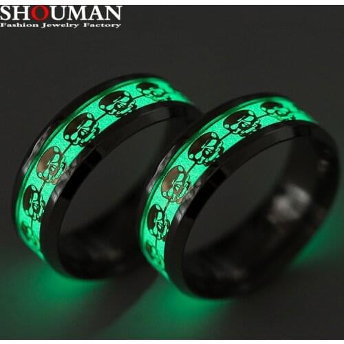 SHOUMAN Stainless Steel Punk Skull Luminous Rings for Women Men Fluorescent Glowing Inlay Skeleton Jewelry