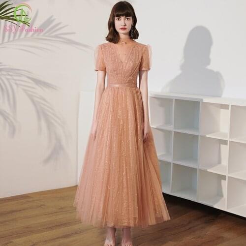 SSYFashion new champagne cocktail evening gown high neck puff sleeve tea-length shining formal dresses vestido de noche custom