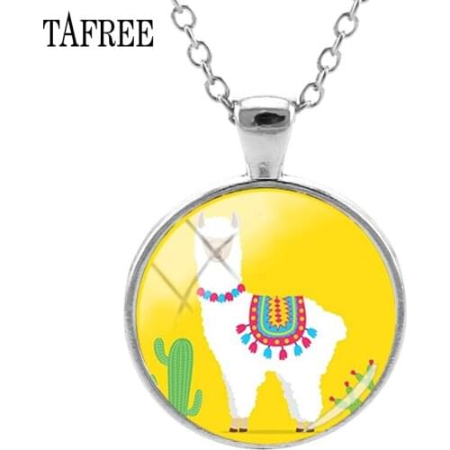 TAFREE Yellow Animal Women Necklace Silver Plated Art America llama Photos Fashion Glass Pendants Jewelrys For Sisters NT204