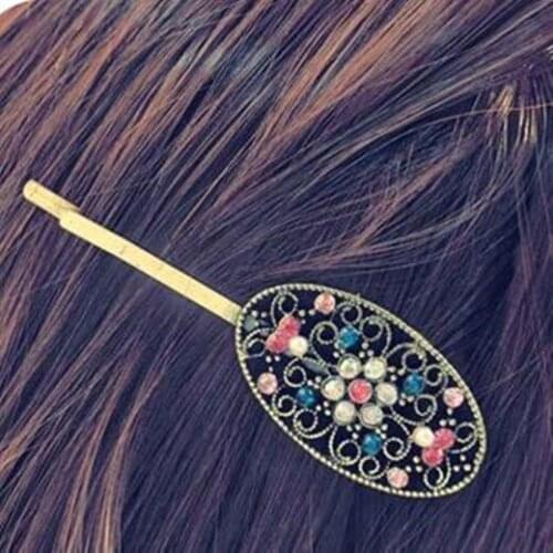Tx019 European Fashion Vintage Multicolor crystal alloy oval hollow flower hair clip side clip Womens jewelry accessories