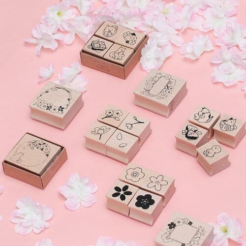 Vintage cute animal cherry blossom decoration stamp wooden rubber stamps for scrapbooking stationery DIY craft standard stamp