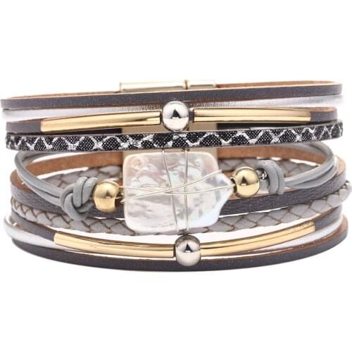 High-quality Leather Multi-Layer Bracelet Beaded Pearl Bracelet Alloy Magnetic Buckle Bracelet Bohemian Ethnic Bracelet Female