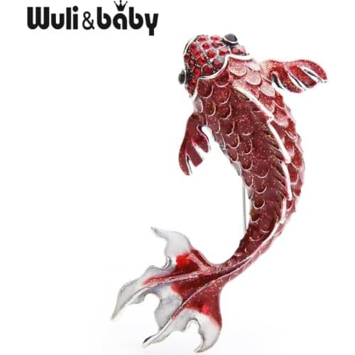 Wuli&baby Big Red Carp Fish Brooches For Women Metal Rhinestone Fish Animal Brooch Pins Moms Gifts