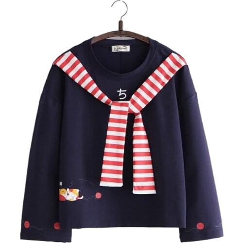 Cartoon Print Women Casual Hoodies 2020 Autumn Winter Striped Lace Up Sweatshirts Long Sleeve O-neck Female Korean Cotton Tops