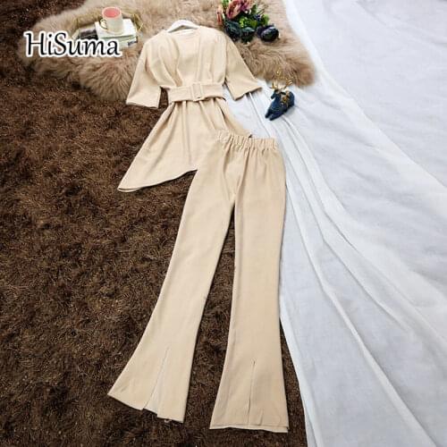 2020 autumn new women O-neck short sleeve knit cotton irregular shirt high waist wide leg flared pants suit female two piece set