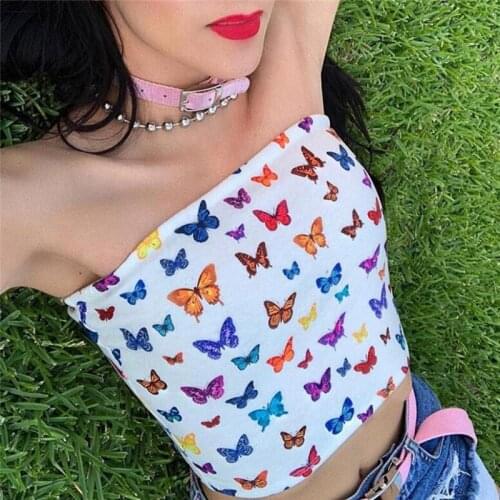 Summer Women Girl Butterfly Print Wrapped Chest Boob Tube Transgender Undershirt Strapless Short Tube Tops Crop Top