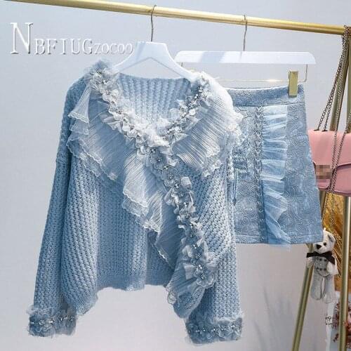 V Neck Knitting Women Sweater And Skirt Women Sets Kawaii Female Sets