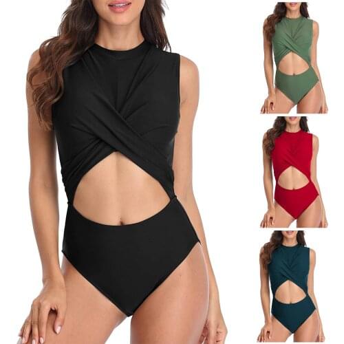 Women Sleeveless Front Hollowed High Neck Triangle Bottom Swimwear Solid Color Swimsuit Red Black GrassGreen Ink Green