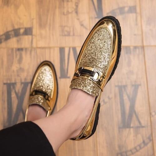 2021 Hipster Mens Personality Luxury Gold Leather Height Increasing Glossy Club Hairdresser Trendy British Casual Shoes