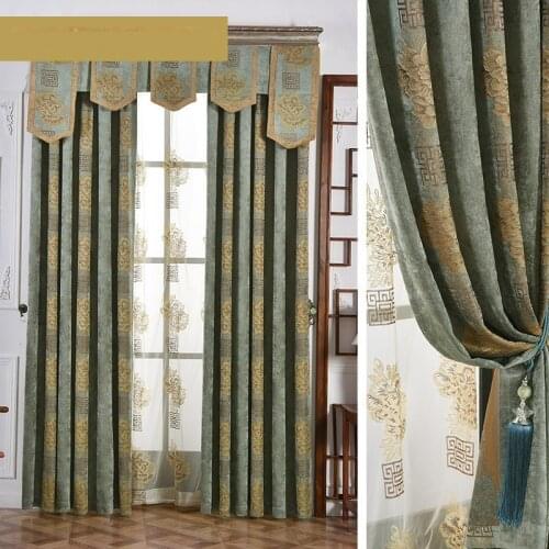 2021 Luxury European Chinese Light Green Jacquard Chenille High Shading Curtains for Living Room Bedroom Customized Whole Set