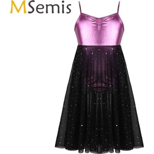 Kids Girls Ballet Gymnastics Leotard Gilrs Gymnastic Dress Glossy Spaghetti Straps Shiny Sequins Mesh Ballet Ballerina Clothing