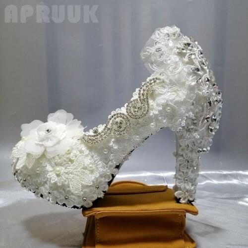 Platforms white lace wedding shoes bride luxury fashion lace flower pearls silver crystal rhinestones pumps shoes bridal bride