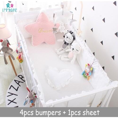 Cotton Breathable Newborn Bed Bumper Cot Anti-bump Baby Crib Liner Sets Baby Safe Pad 4pcs Bumpers+Bed sheet Pink/Grey/White