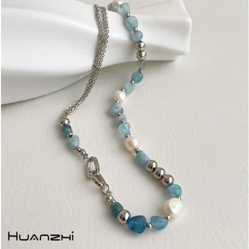 HUANZHI 2021 New Irregular Blue Stone Baroque Freshwater Pearls Silver Colour Metal Ball Necklace for Women Girls Jewelry