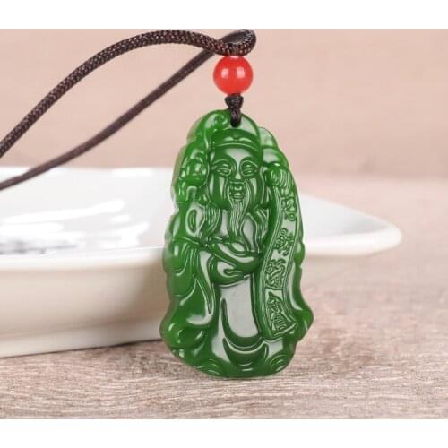 Chinese Green Jade God Wealth Pendant Necklace Charm Jewellery Fashion Accessories Hand-Carved Woman Luck Amulet Sweater Chain