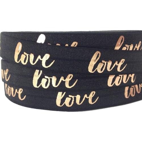 5Y 16mm Rose Gold Love Print Fold Over Elastic Ribbon for sewing accessories DIY Hair Ties Hair Accessories