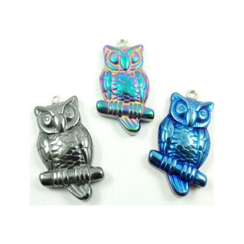 Natural Quartz crystal Titanium Hematite hand-Carved owl Gem pendant for diy jewelry making necklace Accessories3pcs