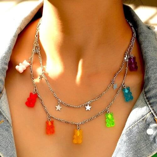 Handmade Cute Gummy Judy Cartoon Bear Chain Necklaces Candy Color Pendant for Women Girls Daily Bohemia Jewelry Party Gifts