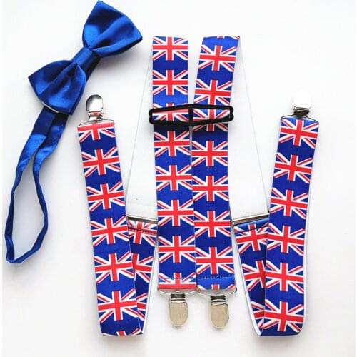 3.5 cm Width British Flag Suspender Royal Blue Butterfly Bow Tie Set Big Men Women Adult Braces Neck Tie Matching Shirt LB044