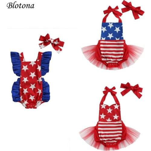 Blotona Baby Independence Day Romper with Headband, Star Print O-Neck Fly Sleeve Halter Bodysuit for Summer, 3-18Months