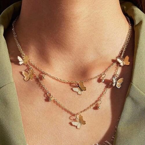 YWZIXLN Boho Butterfly & Rhinestone Charm Double Layered Chain Fashion Necklaces Bijoux For Women Elegant Choker Jewelry N040