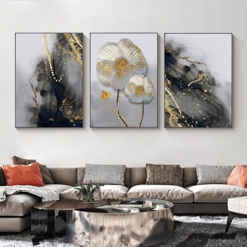 Modern White Flowers Canvas Painting Abstract Gold Foil Wall Art Pictures Marble Posters and Prints for Living Room Home Decor