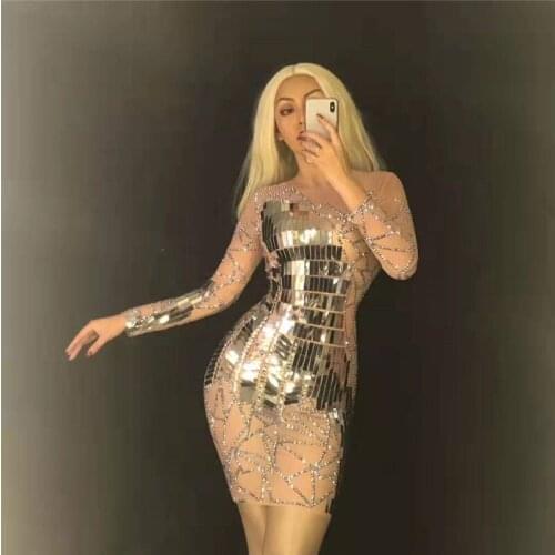 T68 Female silver mirror dress singer perform dance stage costume rhinestone mesh hip skirt celebrate birthday outfit party wear