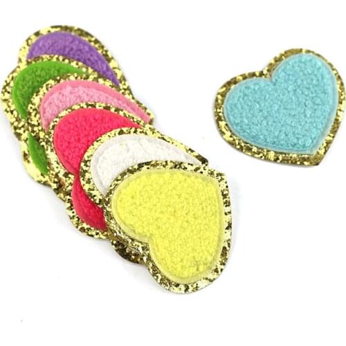 5cm Love Heart Towel Embroidered Cloth Stickers Double Layer Gold Glitter Embroidery Chenille Iron on Clothes Bag DIY Patches