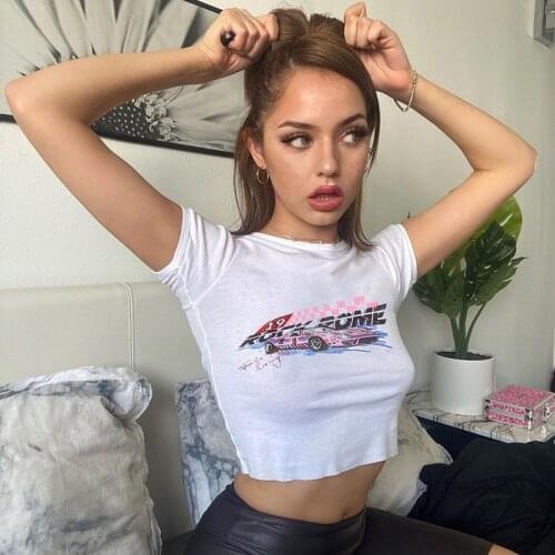 Y2k Aesthetic T Shirt Printed Crop Top Summer Women White O-Neck Pullovers Short T Shirt Harajuku Casual Streetwear Slim Tees