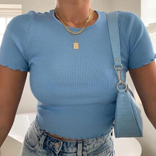 Womens new solid color ribbed O-neck Short Sleeve Female Streetwear TShirt Casual shirts clothes female summer Loose Tops Tees