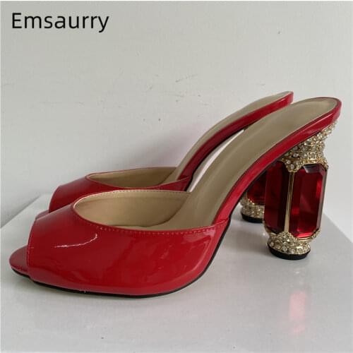Luxury Jeweled Rhinestone Heel Sandals Women Peep Toes Sexy Red Patent Leather Diamond High Heels Runway Mules Lady
