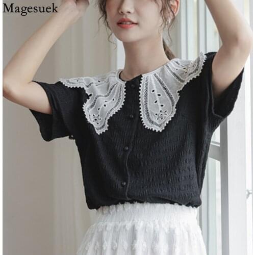 Summer Women Shirts with Lace Casual Fashion Loose White Tops 2021 Embroidered Petal Collar Black Women Clothing Blusas 14837