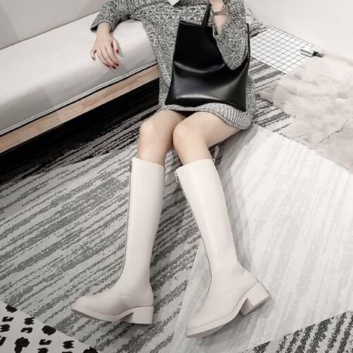 Retro Female Knee High Boots Autumn Soft Leather Square Heel Woman Shoes Winter long keep warm Boots big Size 34-48 B22-66