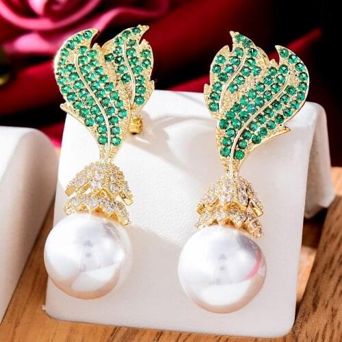 New Hot Elegant Simulated Pearl Drop Earring For Women Wedding Cubic Zircon Dubai Bridal Earrings Costume Jewelry Summer Party