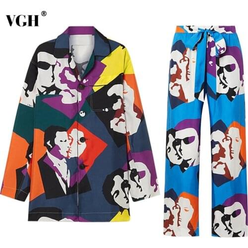 VGH Harajuku Womens Suit Notched Long Sleeve Blazers High Waist Lace Up Wide Leg Pants Print Trouser Suits 2021 Spring Clothing