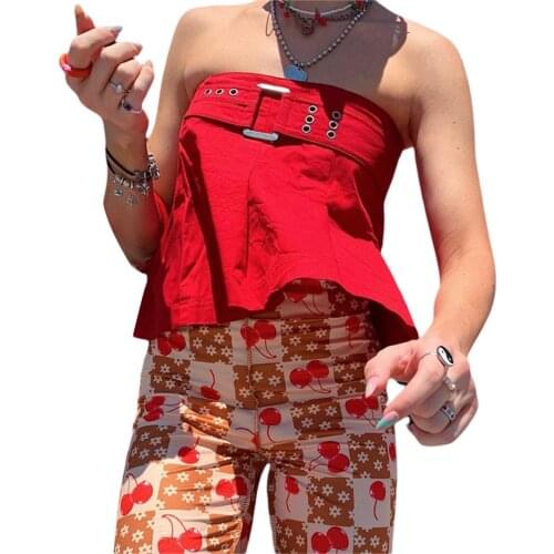 2021 Fashion Sexy Red Tube Top Women Strapless Buckle Ruffle Loose Tank Top Holiday Summer Casual Crop Top Camis Streetwear