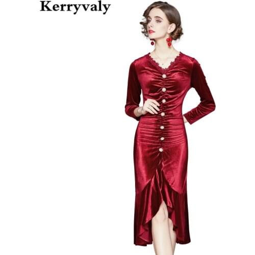 Elegant Slim Buttock Ruffle Edge Velvet Fishtail Dress Women Winter Red Midi Gothic Sexy Dress Vestido Blanco Streetwear K3975