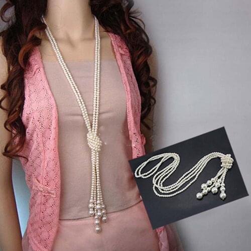 70% Hot Sell Women Elegant Faux Pearl Tassel Pendant Long Chain Charms Sweater Necklace