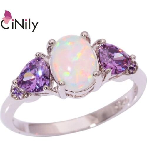 CiNily Created White Fire Opal Purple Zircon Silver Color Wholesale Hot Sell Party for Women Jewelry Gift Ring Size 6 7 8 OJ8603