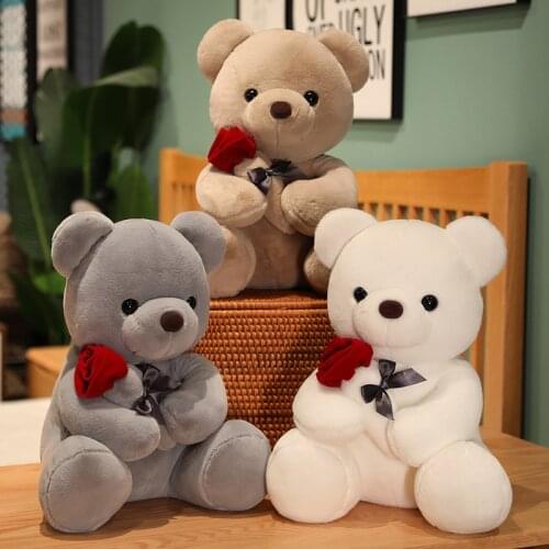 1pc 25/35/45cm Lovely Teddy Bear Holding Rose Plush Toys Kawaii Bear Dolls Stuffed Soft Animal Toy Cute Valentines Gift