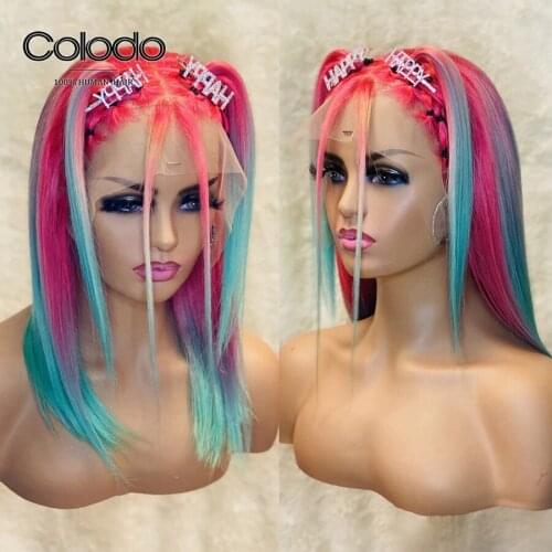 Glueless Pink Green Ombre Lace Front Wig Brazilian Short Lace Human Hair Wigs Remy Short Bob Lace Front Wig for Women