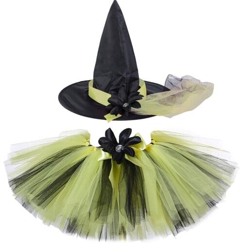 Black & Yellow Girls Tutu Skirt with Hat Flower Bowknot Toddler Baby Girl Tutu Tulle Skirt Kids Halloween Witch Costume Dress Up
