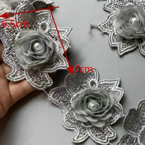 10X Gray 7 X 6.5 cm Rose Pearl 3D Flower Tassel Lace Edge Trim Ribbon Fabric Embroidered Applique Sewing Craft Wedding Dress