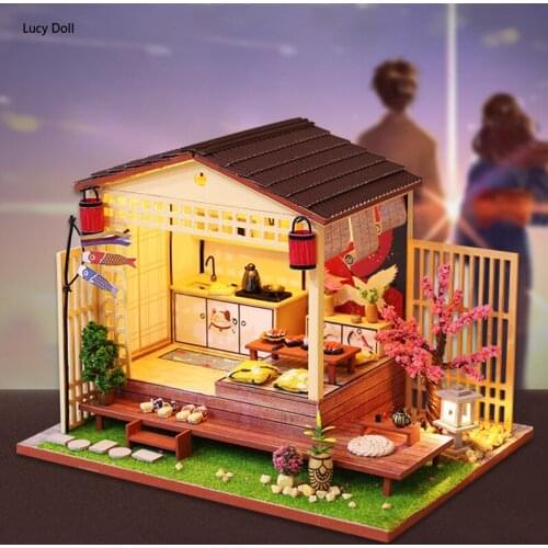 Japanese Style House Leaning Sakura Cottage Handmade DIY House Building Mini Model Creative Assembly Birthday Gift Girl
