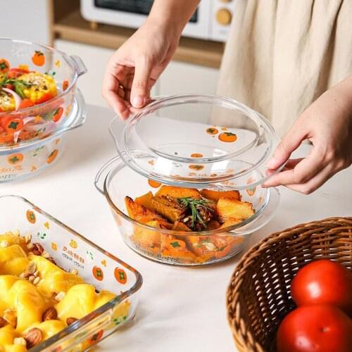 Transparent Glass Plate for Microwave Oven Fruit Salad Bowl Large Household High Temperature Resistant Eating Pot with Lid